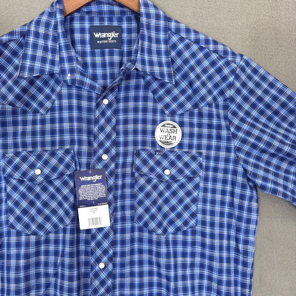 New Wrangler Western Shirt Men M Blue Plaid Pearl Snap Short Sleeve Casual Top
